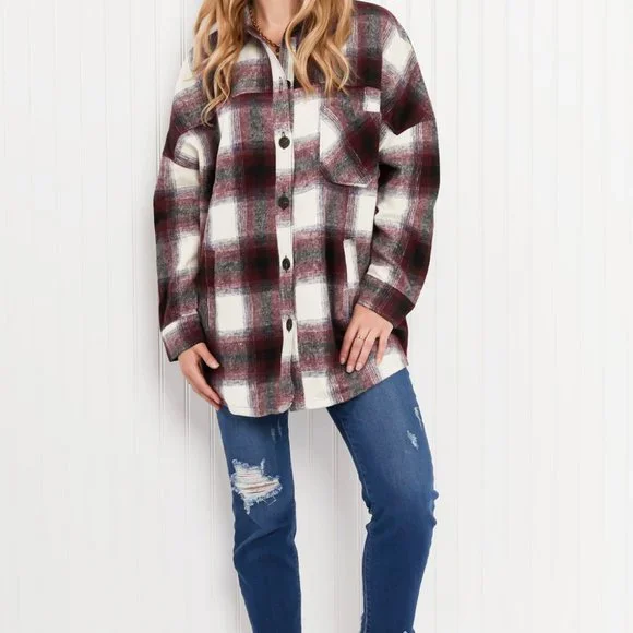 Zenana Autumn Evening Full Size Plaid Longline Shacket in Burgundy - Picture 8 of 9